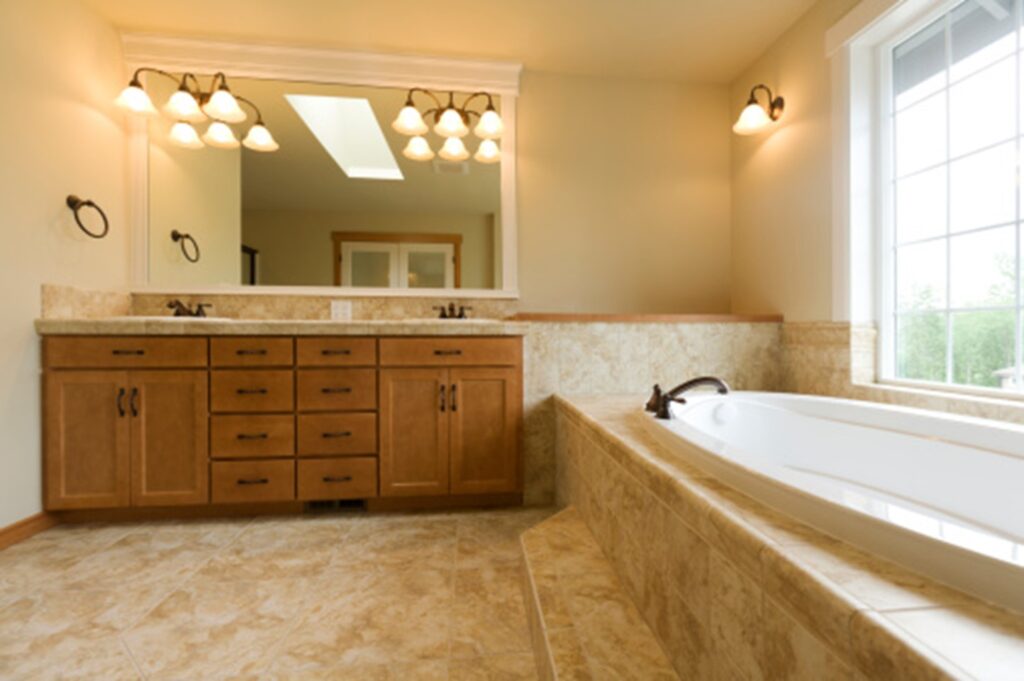 A bathroom with encaustic tiles
