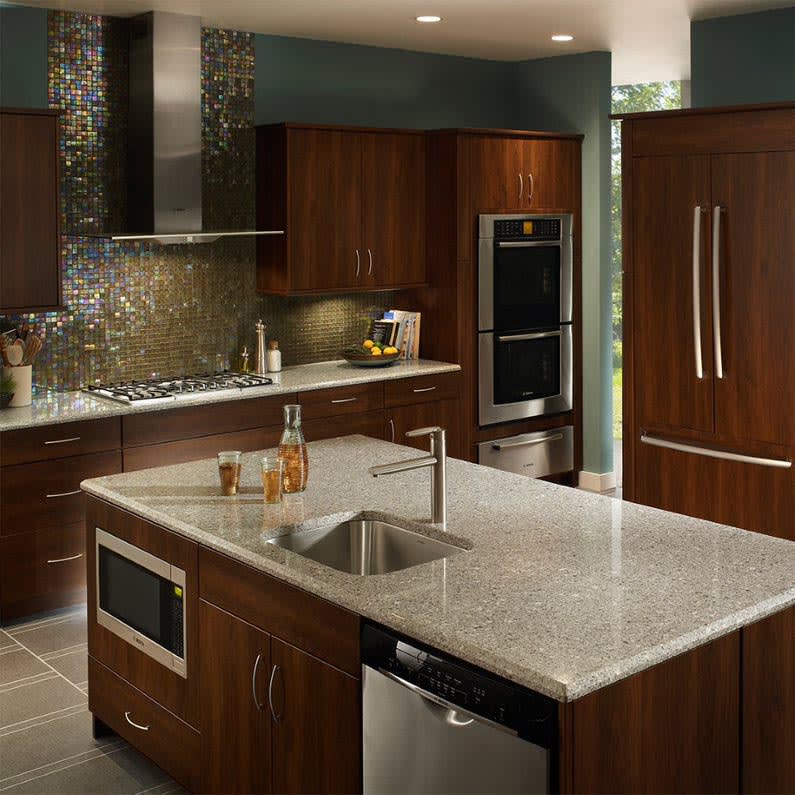 A kitchen with zellige tile backsplash